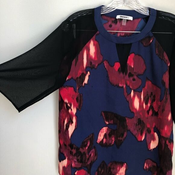DKNYC Floral Chiffon Black Blue Red Blouse S - Picture 5 of 7